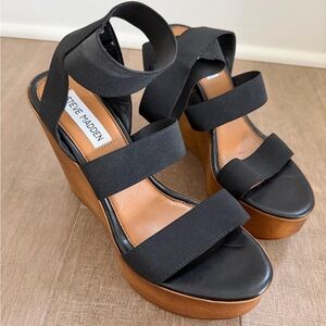 Steve Madden Black and Tan Wedge Sandals